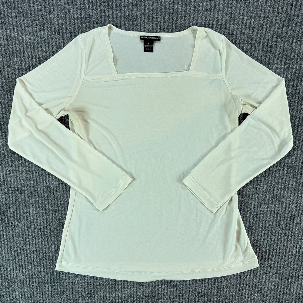 VTG Petite Sophisticate Womens White Square Neck Long Sleeve Top Small Blouse